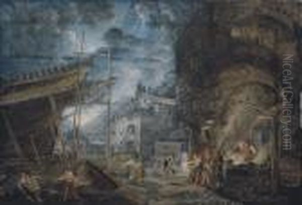 The Dockyard Of A Mediterranean Port At Dusk Oil Painting by Abraham Louis R. Ducros