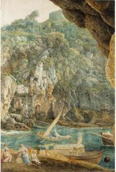 A Rocky Landscape With Figures By A River And Boats Oil Painting by Abraham Louis R. Ducros