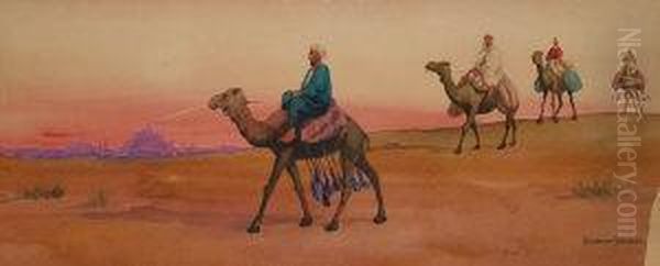 Bedouin Tribesmen Approaching A City At Sunset Oil Painting by Arthur Dudley