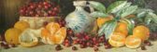 A Still Life Of Oranges, Cherries And A Ceramic Jug Oil Painting by Arthur Dudley