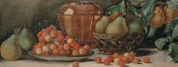 Still Life Of Cherries, Pears, 
Basket And Vase On A Ledge, And Another, Still Life Of Apples, Grapes 
And Flask On A Ledge Oil Painting by Arthur Dudley