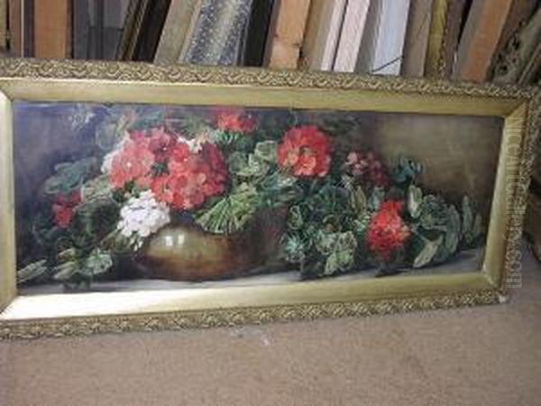 Still Life Of Geraniums And A Vase On A Ledge Oil Painting by Arthur Dudley