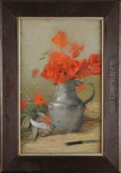 Bouquet De Coquelicots Et Poissons Sur Un Entablement Oil Painting by Ernest Ange Duez