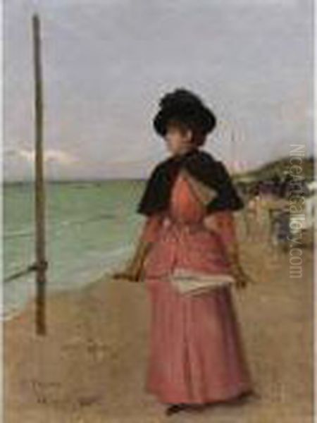 An Elegant Lady On The Beach Oil Painting by Ernest Ange Duez