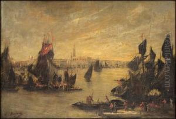 Harborscene, 'place Of The Dog's' Oil Painting by Jacques-Edouard Dufeu