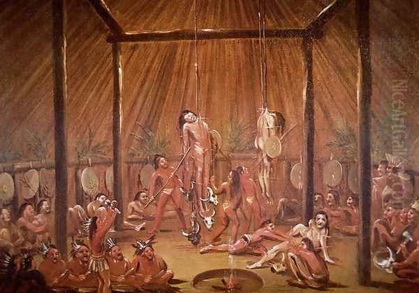 The O-Kee-Pa self-torture religious ceremony of the Mandan tribe, from a painting of c.1835 Oil Painting by George Catlin