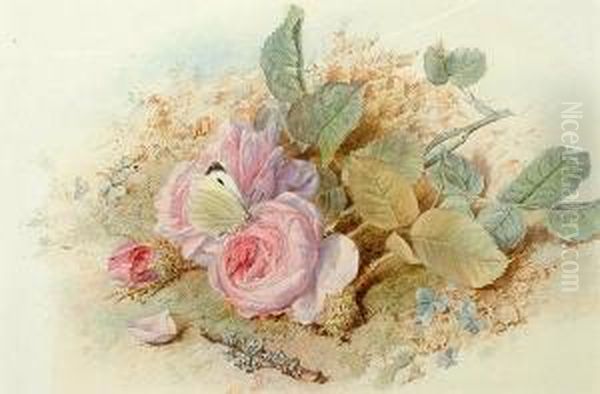 Pink Roses And A Butterfly. Oil Painting by Mary Elizabeth Duffield