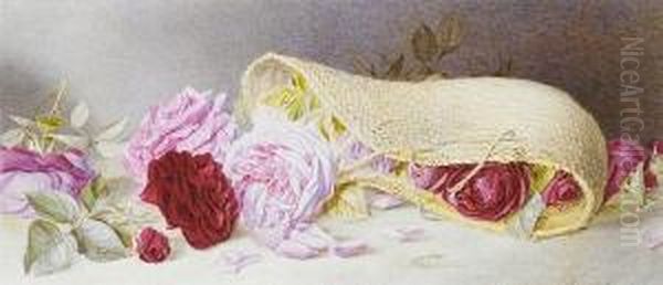 Roses Spilling From A Wicker Basket Oil Painting by Mary Elizabeth Duffield