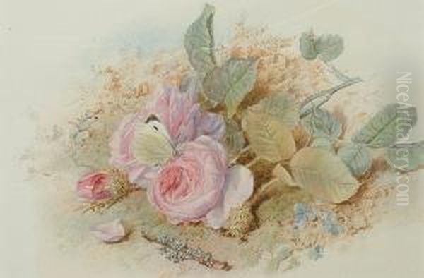 Pink Roses And A Butterfly Oil Painting by Mary Elizabeth Duffield