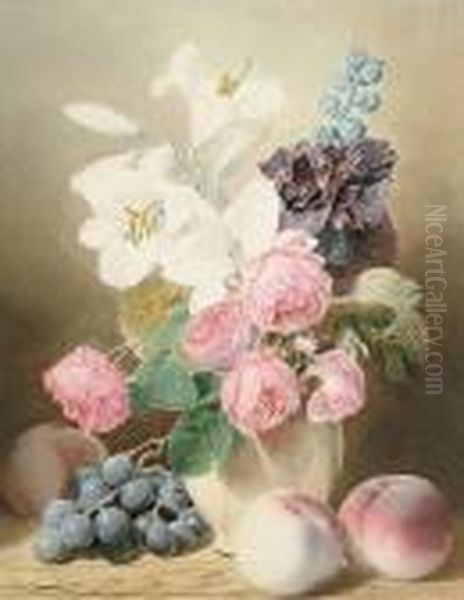 Still Life Of Flowers In A Vase, With Grapes And Peaches On A Wooden Table Oil Painting by Mary Elizabeth Duffield