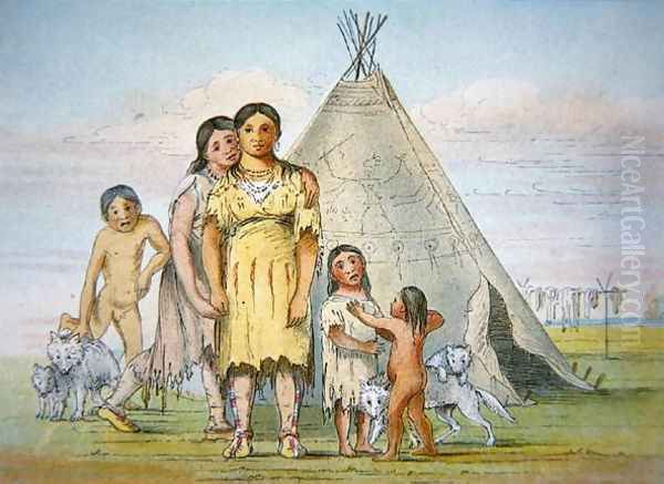 A Comanche family outside their teepee, 1841 Oil Painting by George Catlin