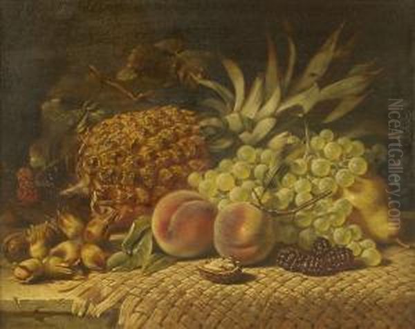 Pineapple, Pears, Plums, Grapes And Hazelnuts With Woven Reed Mat On A Table Top Oil Painting by William Duffield