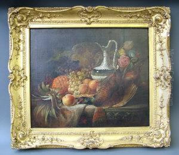 Still Life Of A Dead Pheasant, 
Silver Flagon, Peaches, Grapes, A Pineapple, Roses And A Salver On An 
Ornamental Ledge Oil Painting by William Duffield