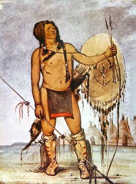 Comanche warrior with a shield, lance and bow and arrows, c.1835 Oil Painting by George Catlin