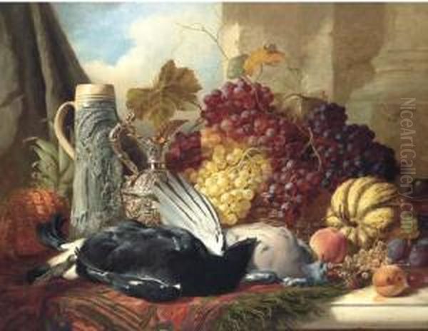 Still Life Of Black Cock, Wood 
Pigeon, A Stein, Silver Gilt Claret Jug And Red Grapes, A Gourd, 
Peaches, Plums, Whitecurrants And Raspberries On A Marble Ledge Oil Painting by William Duffield