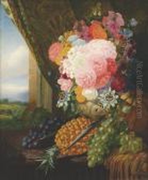 Still Life Paeonies, Passiflora,
 Pelargonium, Penstemon, Petunia, Pyracantha, With A Pineapple, Pumpkin 
And Grapes To The Side Oil Painting by William Duffield