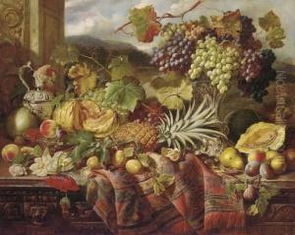 Still Life With Peaches, A 
Pomegranate, Grapes In A Tazza, A Pineapple, An Orange, Plums And Pears,
 Amongst Roses, Poppies And Vines On A Carved Oak Chest, Draped With A 
Rug, A Landscape Beyond Oil Painting by William Duffield