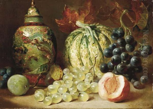 Grapes, A Gourd, A Peach And A Chinese Vase On A Table Oil Painting by William Duffield