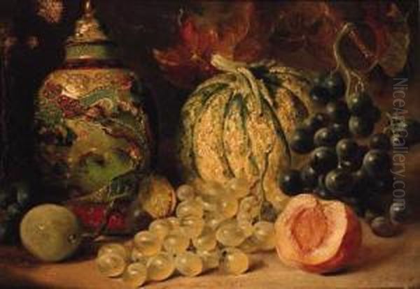 Grapes, Plums, A Peach, A Gourd And A Chinese Vase Oil Painting by William Duffield