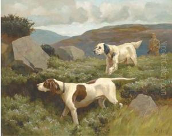 An English Setter And A Pointer Oil Painting by Alfred Duke