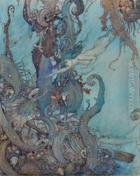 The Little Mermaid (at The Mere Sight Of The Bright Liquid Theydrew Back In Terror) Oil Painting by Edmund Dulac