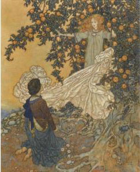 The Fairy Dropped Her Shimmering Garment... Oil Painting by Edmund Dulac