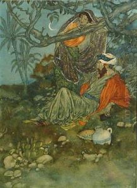 A Romantic Couple In A Moonlit Garden Oil Painting by Edmund Dulac