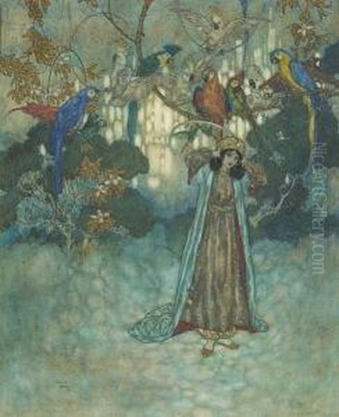 Beauty Discovers A Room In The Castle Which Is Full Of Screaming Parrots by Edmund Dulac