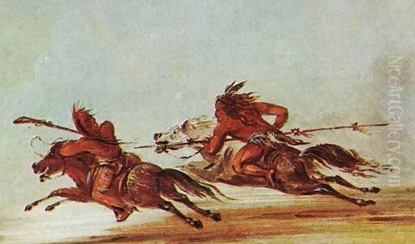 War on the plains. Comanche (right) trying to lance Osage warrior Oil Painting by George Catlin