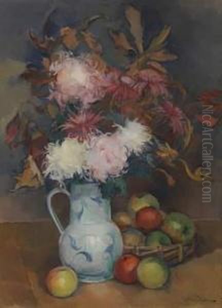 Nature Morte Aux Dalhias Et Aux Pommes Oil Painting by Guillaume Dulac