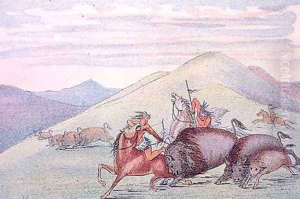 Buffalo bull protecting calf and mother under attack Oil Painting by George Catlin