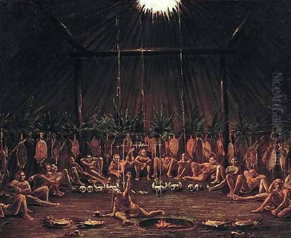 Interior View of the Medicine Lodge, Mandan O-kee-pa Ceremony Oil Painting by George Catlin