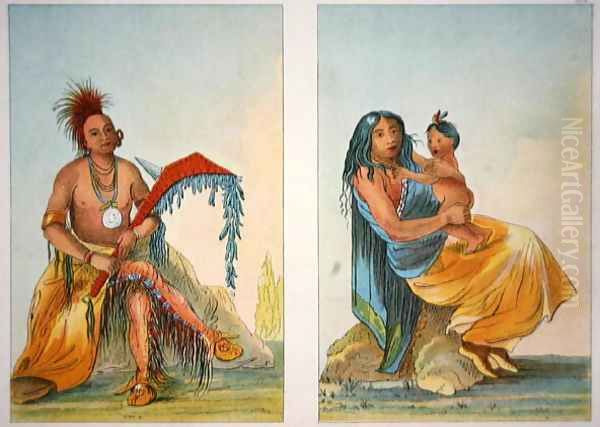 Head Chief Clermont and his wife and child, 1841 Oil Painting by George Catlin