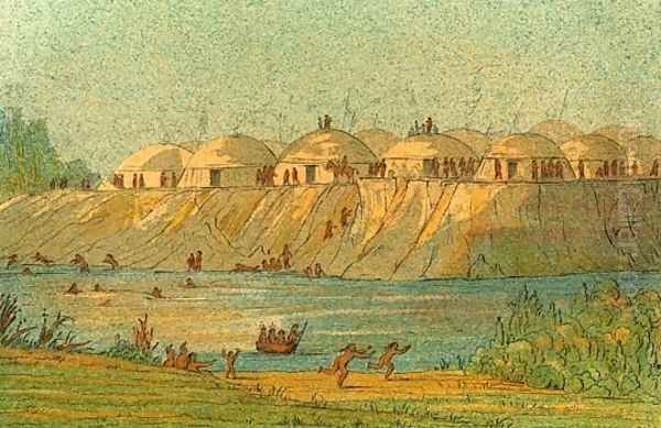 A village of the Hidatsa tribe at Knife River Oil Painting by George Catlin