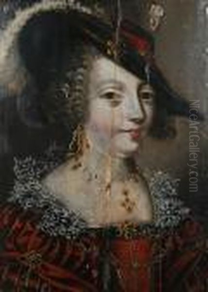 Portrait Of A Lady, Bust Length, In A Red Dress With Lace Collar And Feathered Red Hat Oil Painting by Daniel Dumonstier