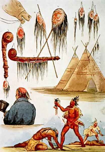 Scalping and decorative use of scalps Oil Painting by George Catlin