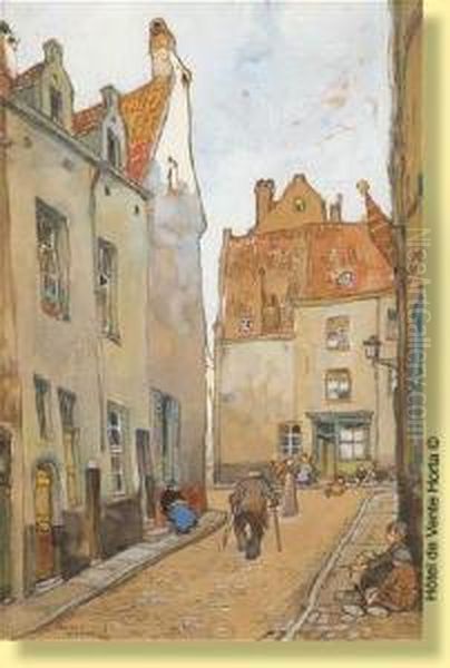 Rue Des Brigitines A Bruxelles Oil Painting by Romeo Dumoulin