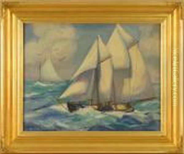 Two-masted Ship At Sea. Oil Painting by Harold C. Dunbar