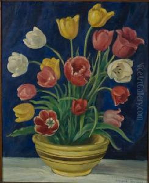 Still Life Of Tulips Oil Painting by Harold C. Dunbar