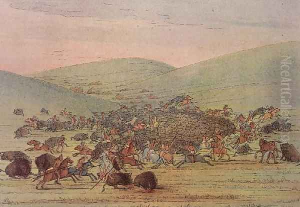 Minatarees attacking buffalo on horseback Oil Painting by George Catlin