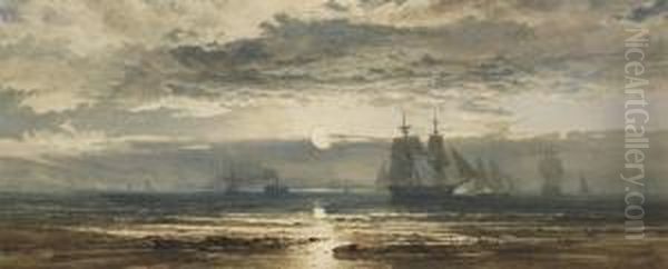 Moonlight: Ships That Pass In The Night Oil Painting by Edward R.W.S Duncan