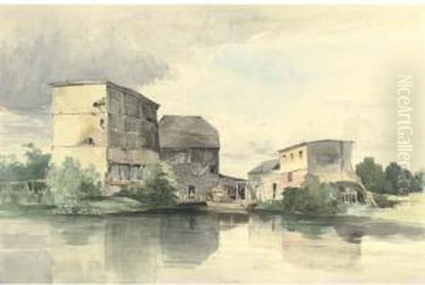 Timber Buildings On A River Bank Oil Painting by Edward R.W.S Duncan