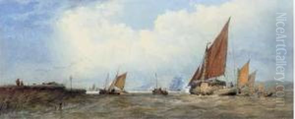 A View On The Thames With A Haybarge And Boats Oil Painting by Edward R.W.S Duncan