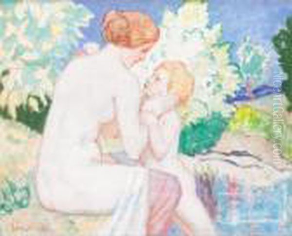 Mother And Child Bathing Oil Painting by John Mckirdy Duncan