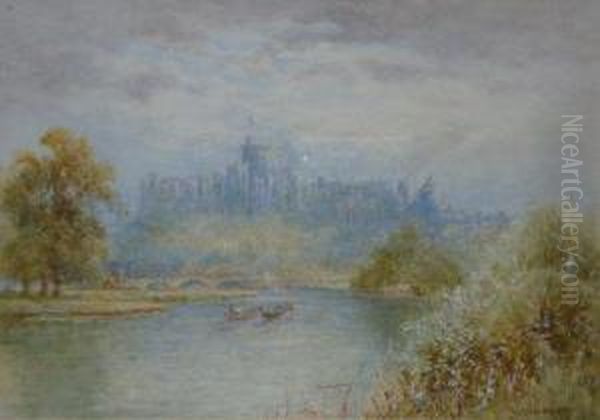 View Of Windsor Castle From The River Thames With Steam Boats On River Oil Painting by Walter Duncan