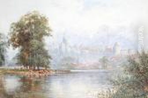 Windsor Castle From The River With Cattle Inthe Foreground Oil Painting by Walter Duncan