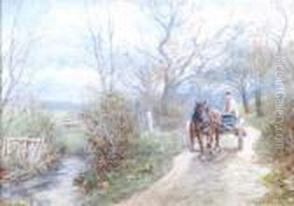 Horse And Cart On A Country Lane Oil Painting by Walter Duncan