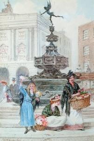 The Flower Ladies Before Eros, Picadilly; Flower Ladies, Covent Garden Oil Painting by Walter Duncan