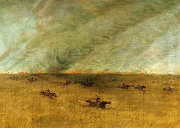 Fire in a Missouri Meadow and a Party of Sioux Indians Escaping from It, Upper Missouri Oil Painting by George Catlin