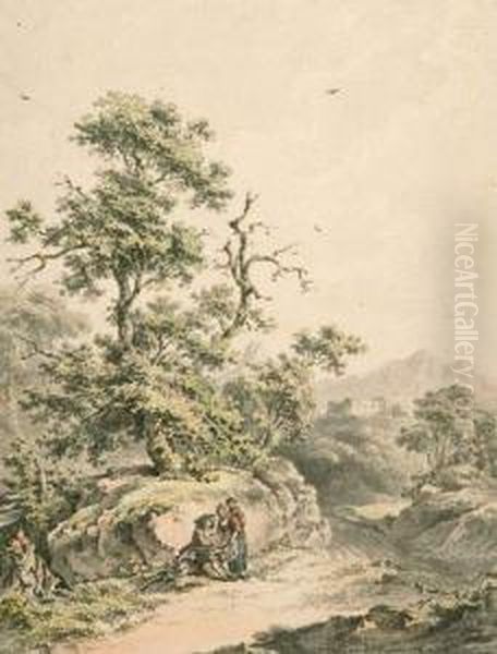 Landschaft Mit Drei Figuren. Oil Painting by Balthasar Anton Dunker